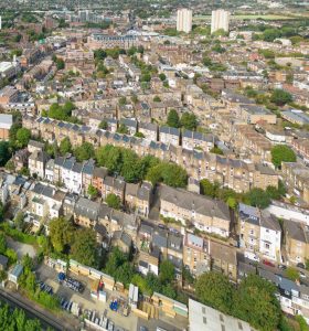 An aerial view of a residential area in london.